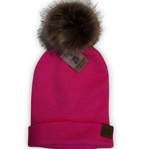 Pink Beanie with Faux Fur Pom Pom